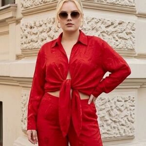 Chico's Red Tie-Front Embroidered Blouse